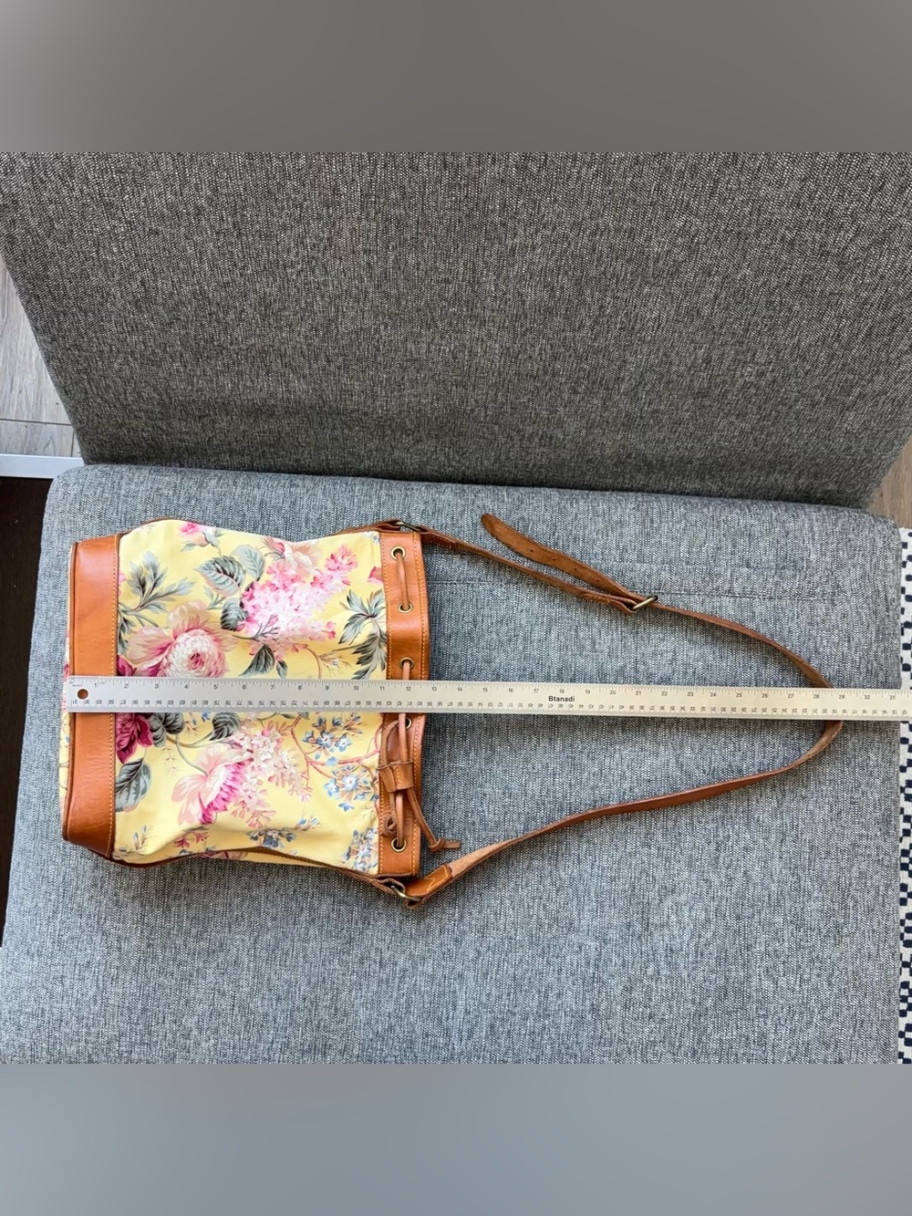 Vintage 80s Ralph Lauren Yellow Floral Drawstring Bucket Bag Leather Canvas Tote - Picture 15 of 15